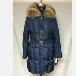 Andrew Marc Spirit Belted Down Coat /Racoon Collar Navy Medium AWOAE008 NWT $595